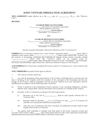 Picture of Film Project Joint Venture Dissolution Agreement