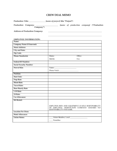 Picture of USA Crew Deal Memo for Movie or TV Production