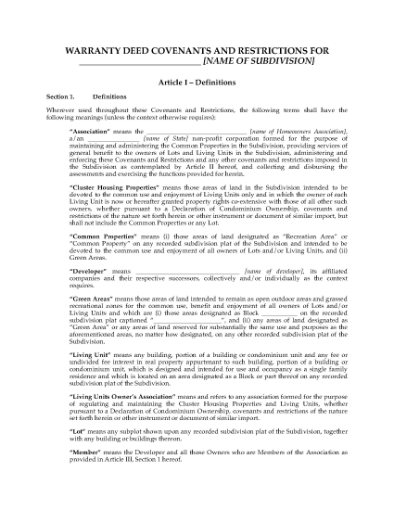 Picture of Warranty Deed Covenants and Restrictions for Subdivision Lots | USA
