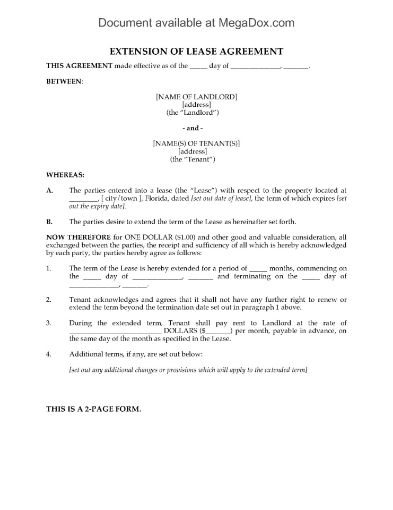 Florida Residential Lease Extension Agreement
