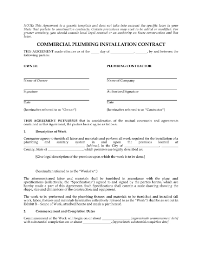 Picture of Commercial Plumbing Installation Contract