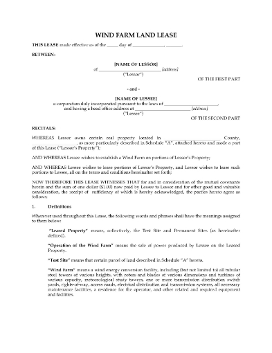Land lease template for a wind farm