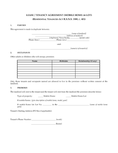 Picture of Nova Scotia Lease Agreement for Mobile Home or Lot