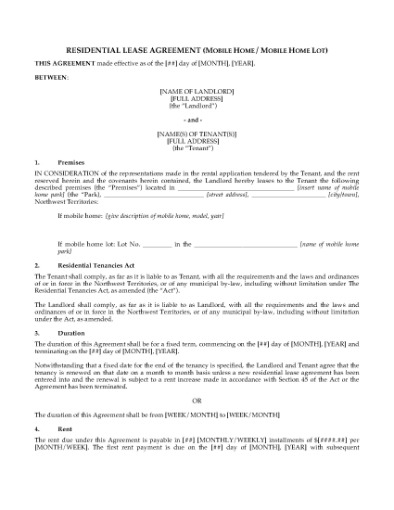 Picture of NWT Lease Agreement for Mobile Home