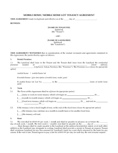 Picture of Yukon Tenancy Agreement for Mobile Home