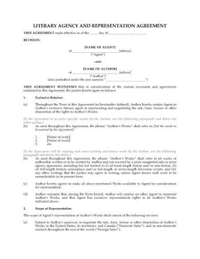 Picture of Literary Agency and Representation Agreement