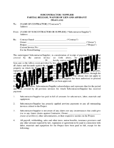 Maryland Subcontractor - Supplier Lien Waiver and Release Forms