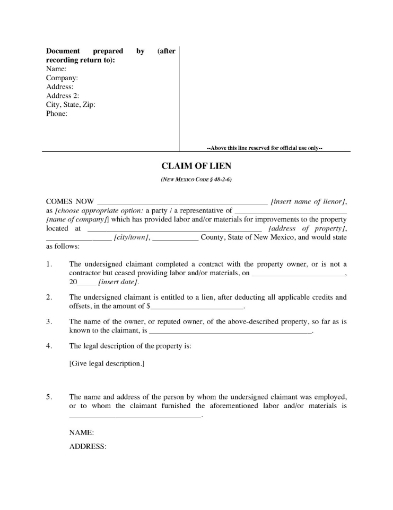 New Mexico Claim of Lien form