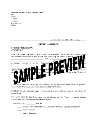 Picture of Mississippi Quitclaim Deed from Husband and Wife to Individual