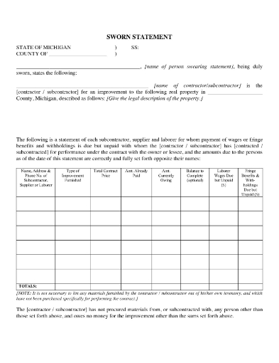 Michigan Sworn Statement of Contractor