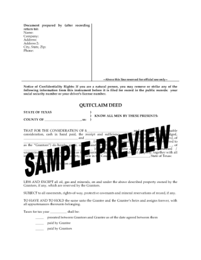 Picture of Texas Quitclaim Deed from Husband and Wife to Individual