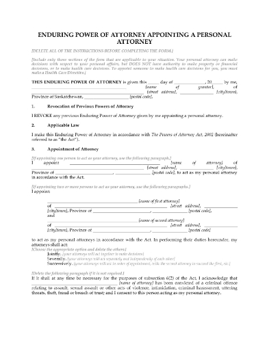 Saskatchewan Enduring Power of Attorney - Personal Attorney 1