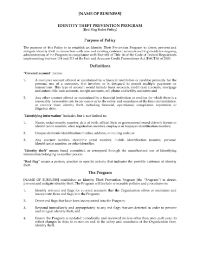 Picture of Red Flags Rule Policy for Financial Institutions | USA