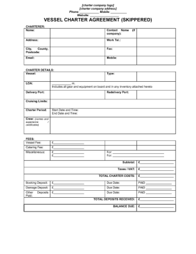 Picture of Skippered Vessel Charter Agreement | UK