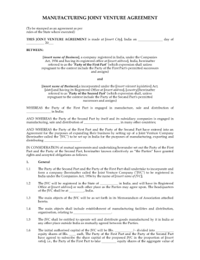 Picture of India Manufacturing Joint Venture Agreement