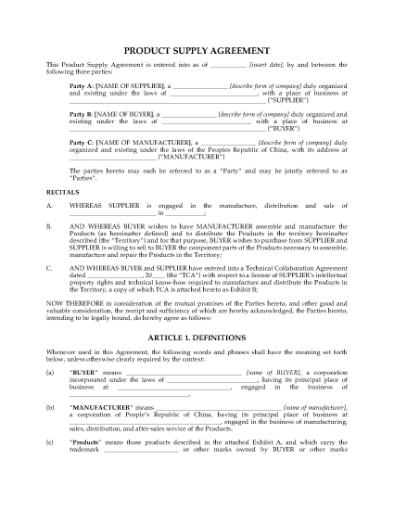 Picture of Product Supply Agreement | China