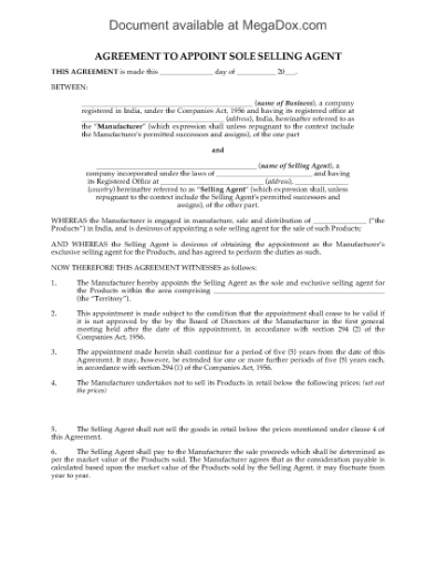 Picture of India Sole Selling Agent Agreement