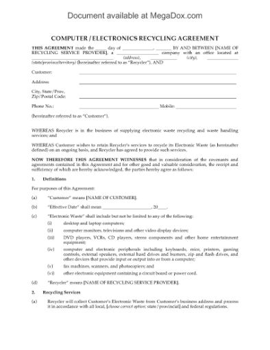 Picture of Computer and Electronics Business Recycling Agreement