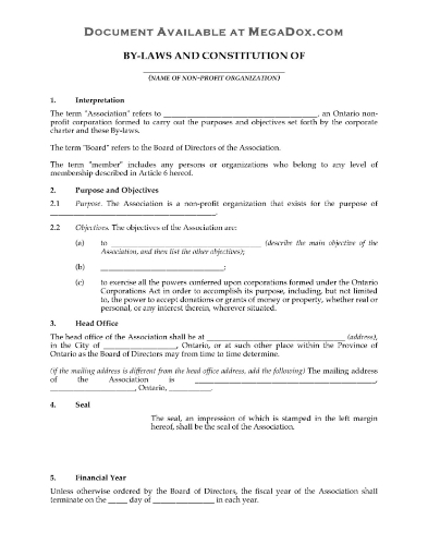 Ontario Bylaws of Non-Profit Corporation
