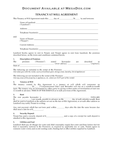 Picture of Residential Tenancy at Will Agreement | USA