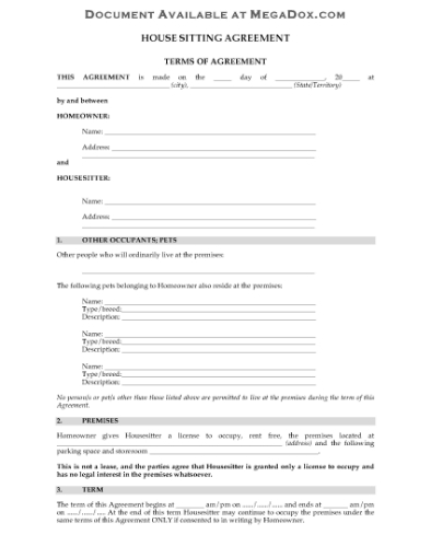 Picture of House Sitting Agreement | Australia