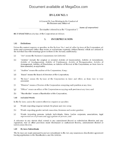 Alberta Business Corporation General By-law No. 1