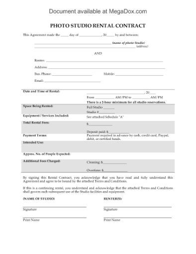 Picture of Photo Studio Rental Contract