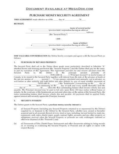 Picture of British Columbia Purchase Money Security Agreement