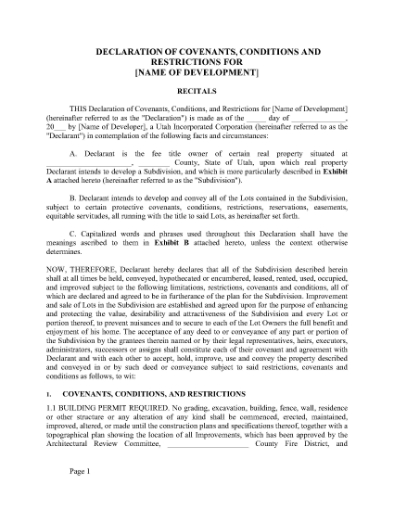 Picture of Utah Declaration of Covenants, Conditions and Restrictions - residential