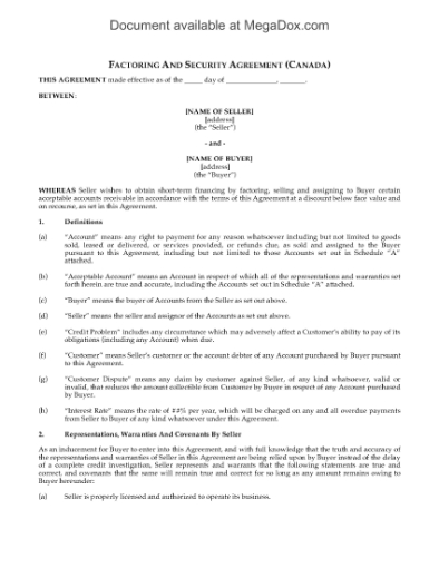 Picture of Factoring and Security Agreement with Full Recourse | Canada
