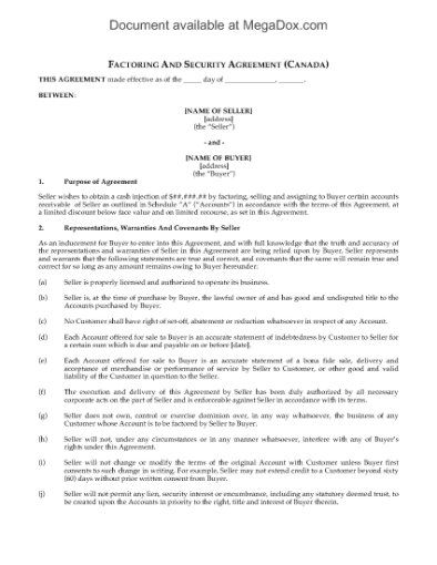 Picture of Factoring and Security Agreement with Limited Recourse | Canada