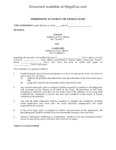 Picture of Alberta Landlord Permission to Sublet or Assign Lease