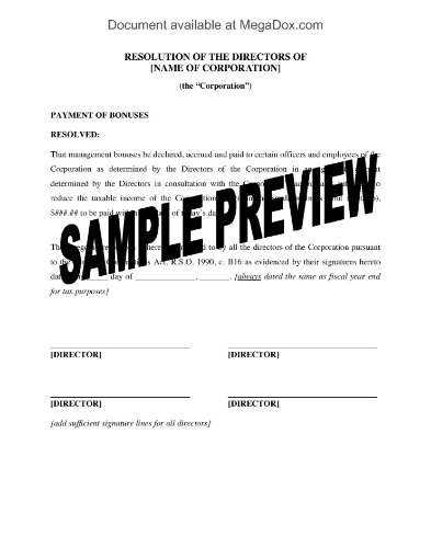 Ontario directors resolution for management bonuses