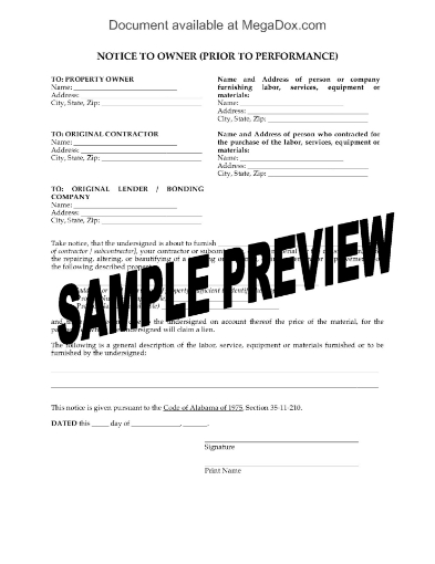 Alabama Notice to Owner Prior to Commencement form