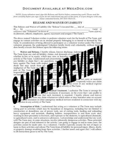 Picture of Volunteer Farm Worker Release and Waiver | USA
