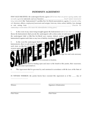 Picture of Indemnity Agreement | USA