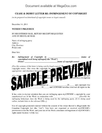Canada Cease and Desist Letter for Copyright Infringement