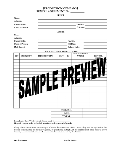 Picture of Rental Agreement Form for Film Productions
