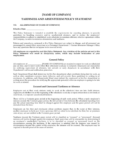 Employee Tardiness and Absenteeism Policy Statement