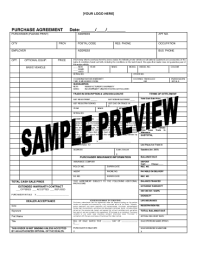 Picture of Alberta Purchase Agreement for New or Used Vehicles