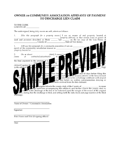 New Jersey Affidavit of Payment to Discharge Lien