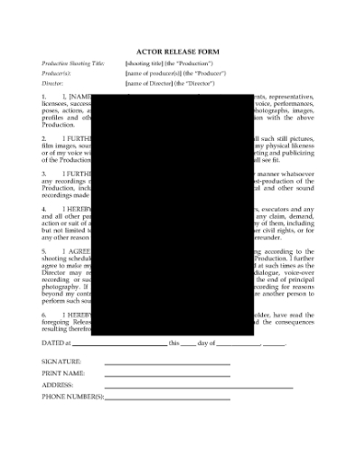Picture of Performer Release and Consent Form for Film or TV