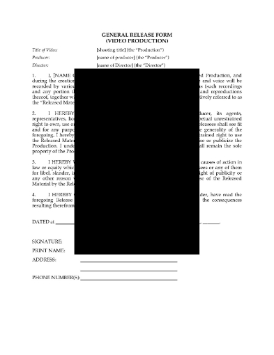 Performer Release and Consent Form for Music Video