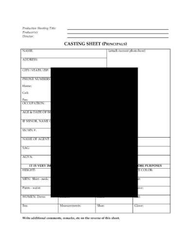 Picture of Casting Sheets for Principal Actors and Extras