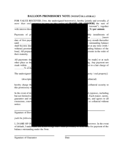 Picture of Balloon Promissory Note with Collateral Provisions