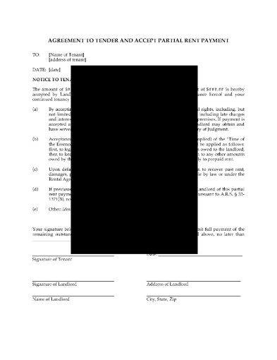Arizona Agreement to Accept Partial Rent Payment