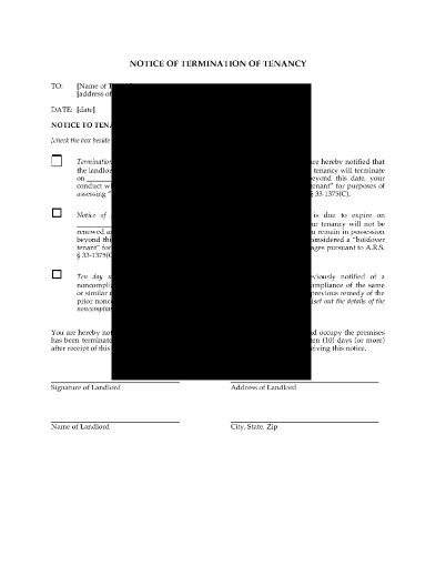Arizona Notice of Termination of Tenancy