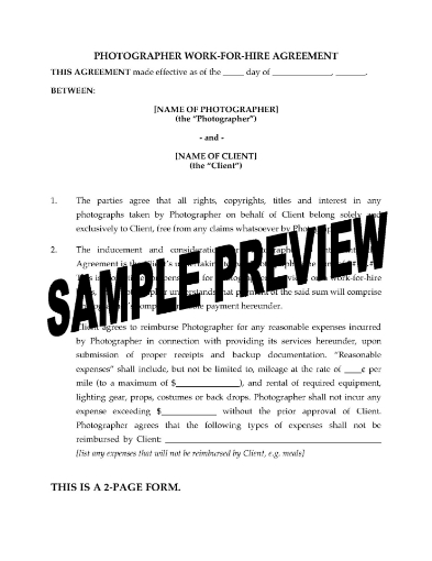 Photographer services contract on a work-for-hire basis