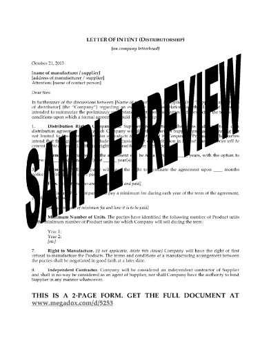 Letter of Intent for Exclusive Distributor