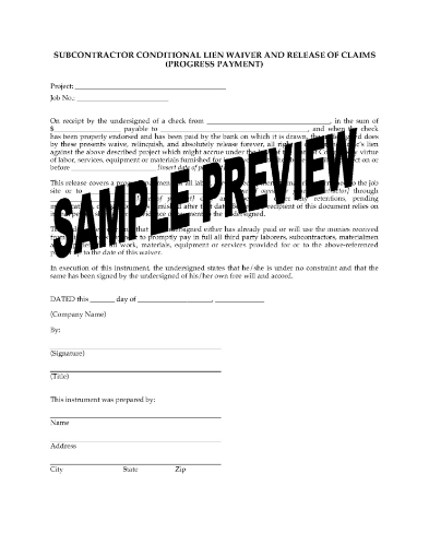 Colorado Subcontractor Conditional Lien Waiver and Release - Progress Payment